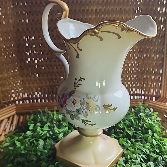 Vintage Porcelain Floral Pitcher Vase With Gold Tone Accent Coquette Bridal - Picture 6 of 17